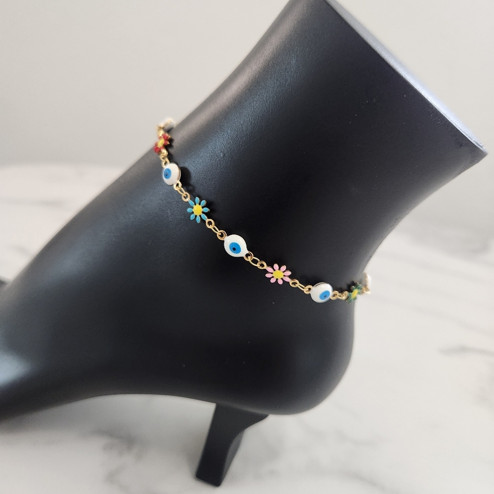 Multi Color Stainless Steel Floral Evil Eye Charm Anklet Summer Accesories - Picture 4 of 16